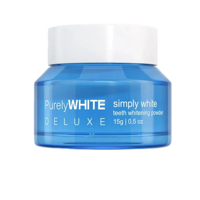PurelyWHITE Deluxe Simply White teeth whitening powder in a blue jar with a white lid.
